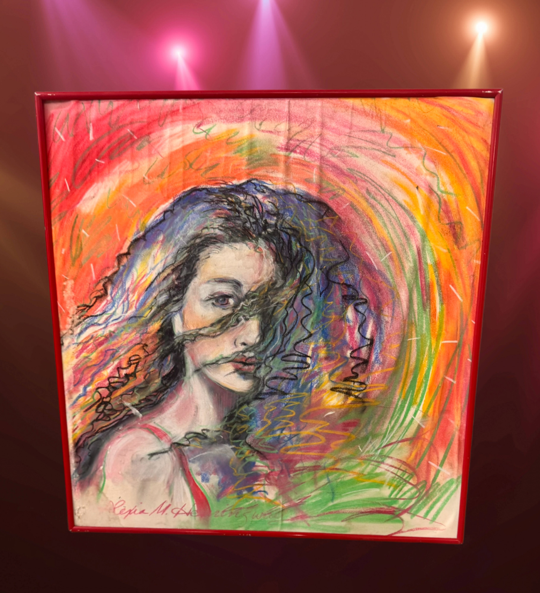 Colorful abstract painting with layered blue, gold, red, and white marks
